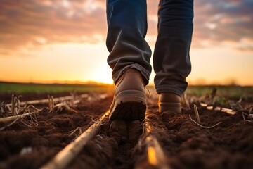 Farmer's Silhouette Walking in Field at Sunset in Rubber Boots