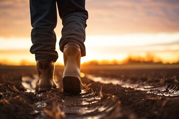 Farmer's Silhouette Walking in Field at Sunset in Rubber Boots - obrazy, fototapety, plakaty