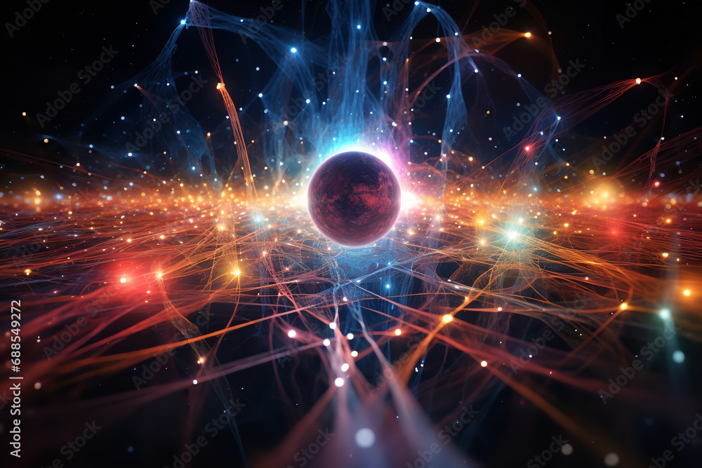 Wall mural an artistic image visualizing a quantum entanglement experiment, depicting particles interconnected 