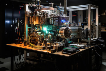  An image showing an experimental setup in a laboratory designed to observe quantum tunneling, with various scientific instruments and screens displaying the intriguing results - Powered by Adobe