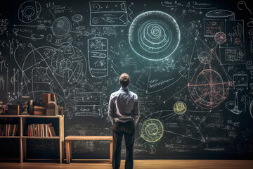  An image of a physicist deeply engrossed in solving a complex quantum mechanics equation, with a chalkboard filled with intricate equations and diagrams related to quantum theory - Powered by Adobe