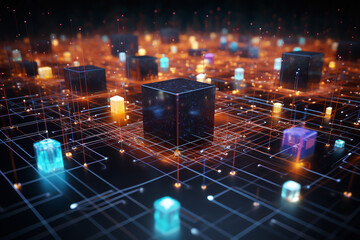 An artistic image visualizing a quantum computer's qubit network, showing intricate connections and glowing nodes, designed to represent the immense computational power