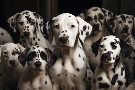A spotted dalmatian, surrounded by 101 puppies of the same breed, looking proud and happy to be a parent photo realistic (Generative AI)