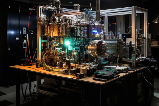  An image showing an experimental setup in a laboratory designed to observe quantum tunneling, with various scientific instruments and screens displaying the intriguing results