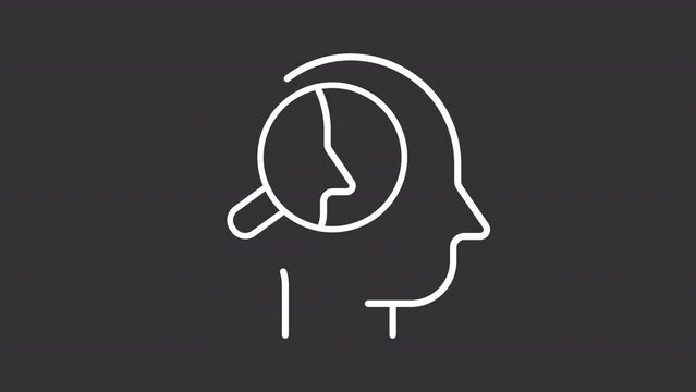 Self awareness white line animation. Head and magnifier animated icon. Conscious knowledge. Recognition of thoughts. Isolated illustration on dark background. Transition alpha video. Motion graphic