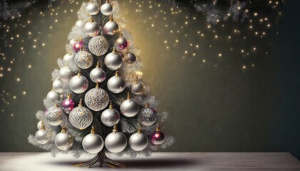 Choinka ozdobiona pięknymi, srebrnymi bombkami na szarozielonym tle. Bożonarodzeniowe tło z miejscem na tekst - obrazy, fototapety, plakaty