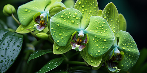 water drops on green leaf, green orchid fower 