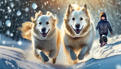 Psy biegnące przez śnieżne zaspy - obrazy, fototapety, plakaty