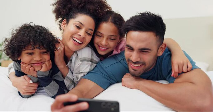 Home, smile and family selfie in bedroom, love and care, bonding and relax together in the morning. Photo, mother and father, children and picture in bed to laugh, funny and happy memory of parents