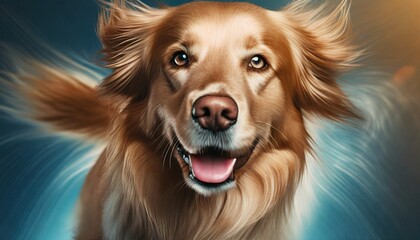Biegnący pies rasy golden retriever na niebieskim tle - obrazy, fototapety, plakaty