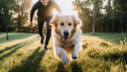 Obrazy na Plexi  Pies biegający ze swoim opiekunem. Spacer z psem, opieka nad czworonogiem
