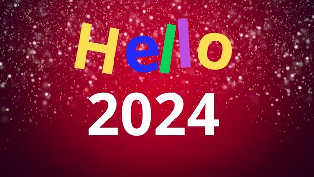 Hello 2024. happy new year. Dark red video background with falling snow