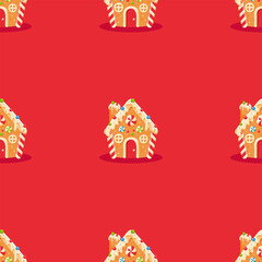 Gingerbread houses vector illustration. 
Seamless template of Christmas gingerbread houses with snow on red background
