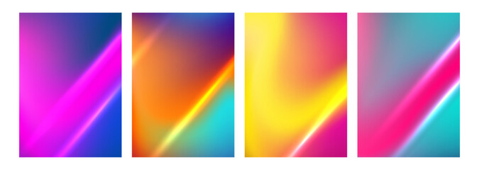 Glowing lights. Futuristic abstract backgrounds with bright dynamic gradients. Blurred graphic templates with vibrant fluid colors. Vector illustration.