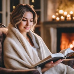 Kobieta owinięta w ciepły koc siedzi w fotelu i czyta książkę. W tle płonący kominek. 