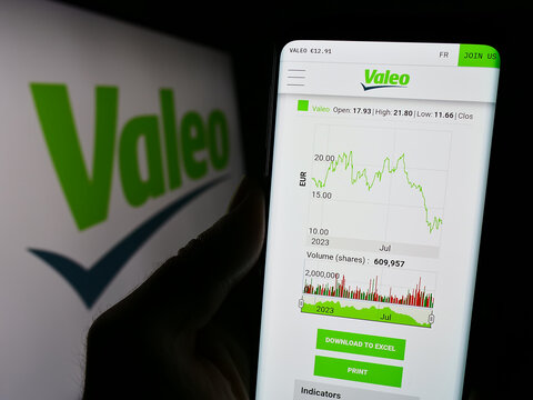 Stuttgart, Germany - 11-23-2023: Person holding cellphone with website of French automotive supply company Valeo S.A. in front of business logo. Focus on center of phone display.