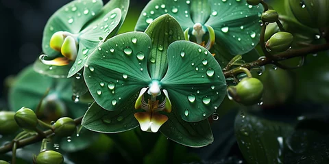 Foto auf Glas leaf with drops, green orchid flower © microtech