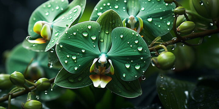leaf with drops, green orchid flower
