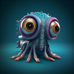 Cute monster with big eyes- 3d illustration- blue background