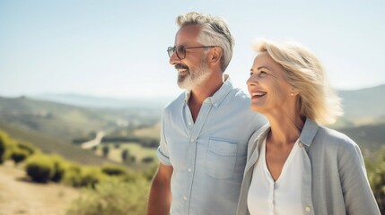 Senior Couple Enjoying Sunny Outdoor Walk. Generative ai