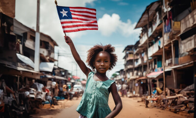 Liberian girl holding Liberia flag in Monrovia street - obrazy, fototapety, plakaty