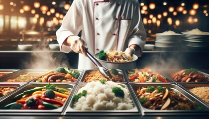 Chef plating diverse buffet dishes in a lively setting