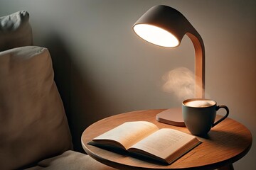 Warm reading nook with coffee and book under lamp light - obrazy, fototapety, plakaty