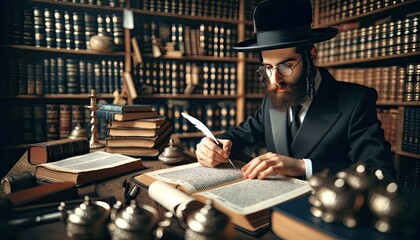 Jewish scholar studying ancient texts among library shelves - obrazy, fototapety, plakaty