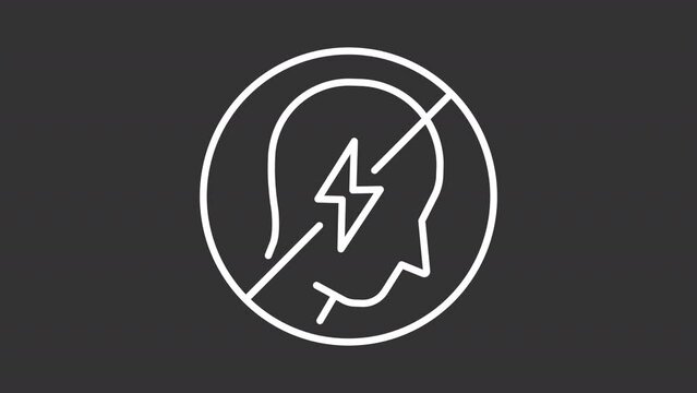 Manage stress white line animation. Head and lightning bolt animated icon. Coping with difficult events in life. Isolated illustration on dark background. Transition alpha video. Motion graphic