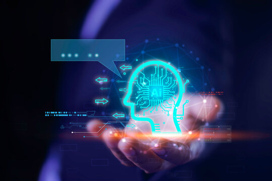AI technology Machine learning for analysis. Using AI code to management system. Icon represents the exchange of artificial intelligence brains with human. innovation futuristic connection..