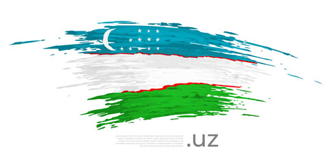 Uzbekistan flag. Brush strokes, grunge. Drawn uzbek flag on white background. Vector design for national holiday, poster, template, place for text. State patriotic banner of uzbekistan, flyer