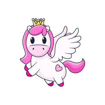 isolated cartoon unicorn with crown and wings.