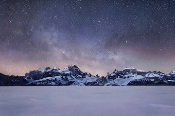 Photograph of Milky Way above a frozen sea coast and snow-covered mountains in winter at night