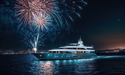 modern rich yacht at night with fireworks - obrazy, fototapety, plakaty