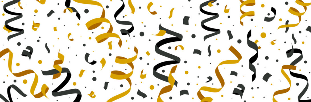 Confettis - Illustrations festives pour c&eacute;l&eacute;brer une f&ecirc;te ou un &eacute;v&eacute;nement - Banni&egrave;re de rubans et cotillons dor&eacute;s et bleus, points et &eacute;l&eacute;ments d&eacute;coratifs - Arri&egrave;re-plan &eacute;l&eacute;gant et moderne - F&ecirc;tes