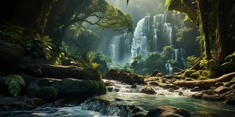 Tuinposter waterfall in the mountains,A waterfall in a jungle scene © microtech