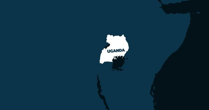 World Map Zoom In To Uganda. Animation in 4K Video. White Uganda Territory On Dark Blue World Map