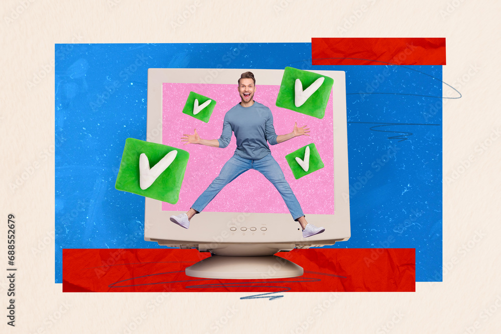 Poster composite collage picture image of funny young man jumping monitor check mark working complete task 