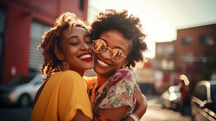 Two happy beautiful young African American women in love hugging on a summer city street - Powered by Adobe