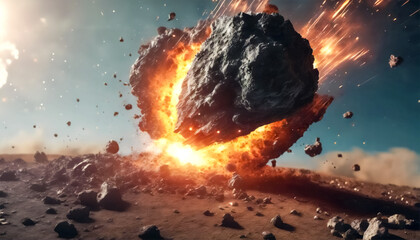 Impatto Cosmico- Asteroide in Collisione con la Terra - Rendering 3D - obrazy, fototapety, plakaty