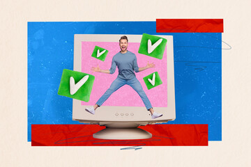 Composite collage picture image of funny young man jumping monitor check mark working complete task...