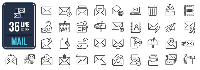 Mail, Email, Envelope thin line icons. Editable stroke. Vector graphic illustration. For website design, logo, app, template, ui, etc.