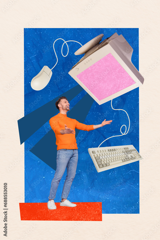 Poster vertical collage picture of cheerful mini guy arms catch falling big retro pc screen mouse keyboard 
