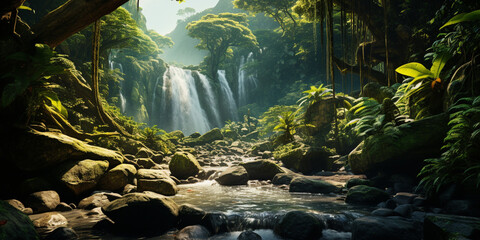 Green beautifull jungle background, A waterfall in a jungle scene