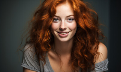 Fototapeta premium Radiant Young Woman with Freckles and Curly Red Hair Smiling Cheerfully in a Casual Blue Top on a Light Grey Background, Expressing Joy and Confidence