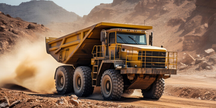 Heavy-duty machinery in action at a dusty lithium mining site, with a large industrial yellow dump truck transporting materials in a rugged terrain