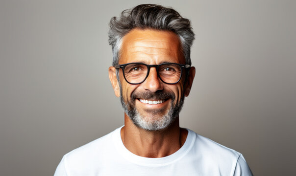 Confident Mature Man with Salt and Pepper Hair Smiling in Casual White Polo Shirt and Glasses Against a Plain Background