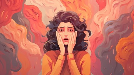 Generative AI illustration of a woman crying with faded monsters around, symbolizing bullying and mental health. - obrazy, fototapety, plakaty