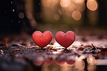 Fototapeta premium Two red hearts in the rain. Love and romance concept. Postcard design. Generative Ai