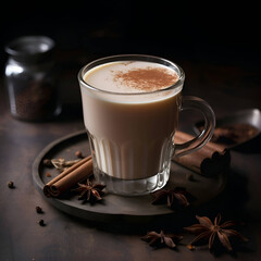 Eggnog- traditional Indian masala tea with milk and spices on dark wooden background